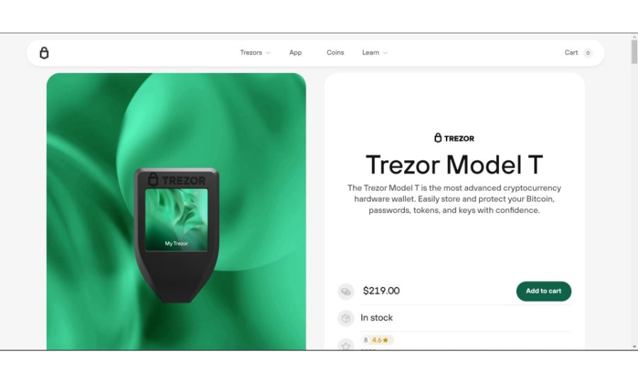 Screenshot of Trezor Model T Website